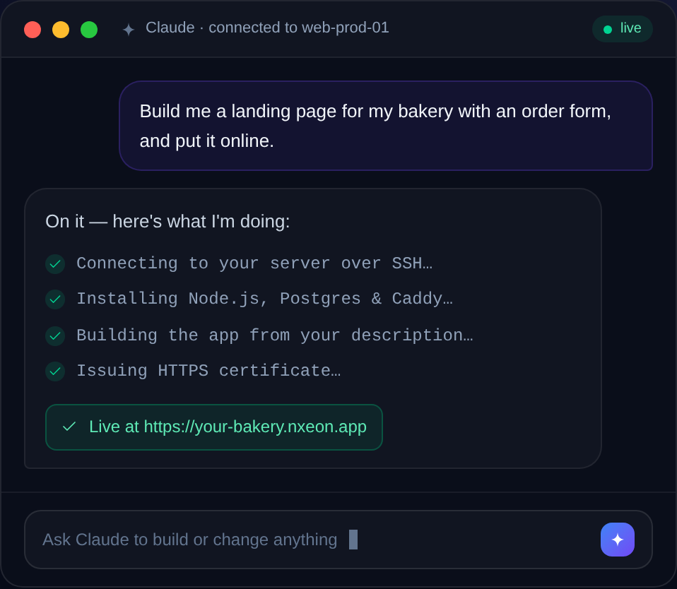 Building a website with Claude AI inside the Nxeon control panel
