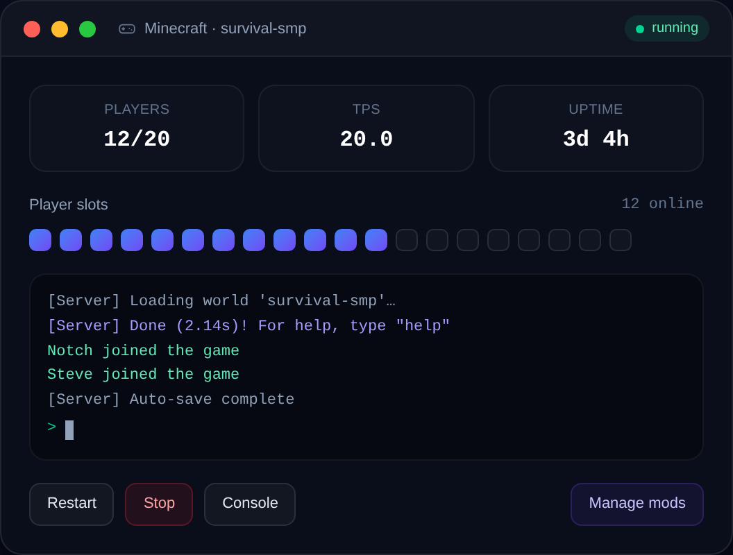 The Nxeon game-server control panel — live console, player slots, and TPS