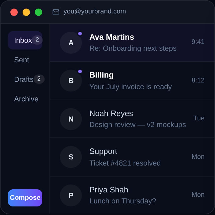 The business-email inbox in the Nxeon customer portal