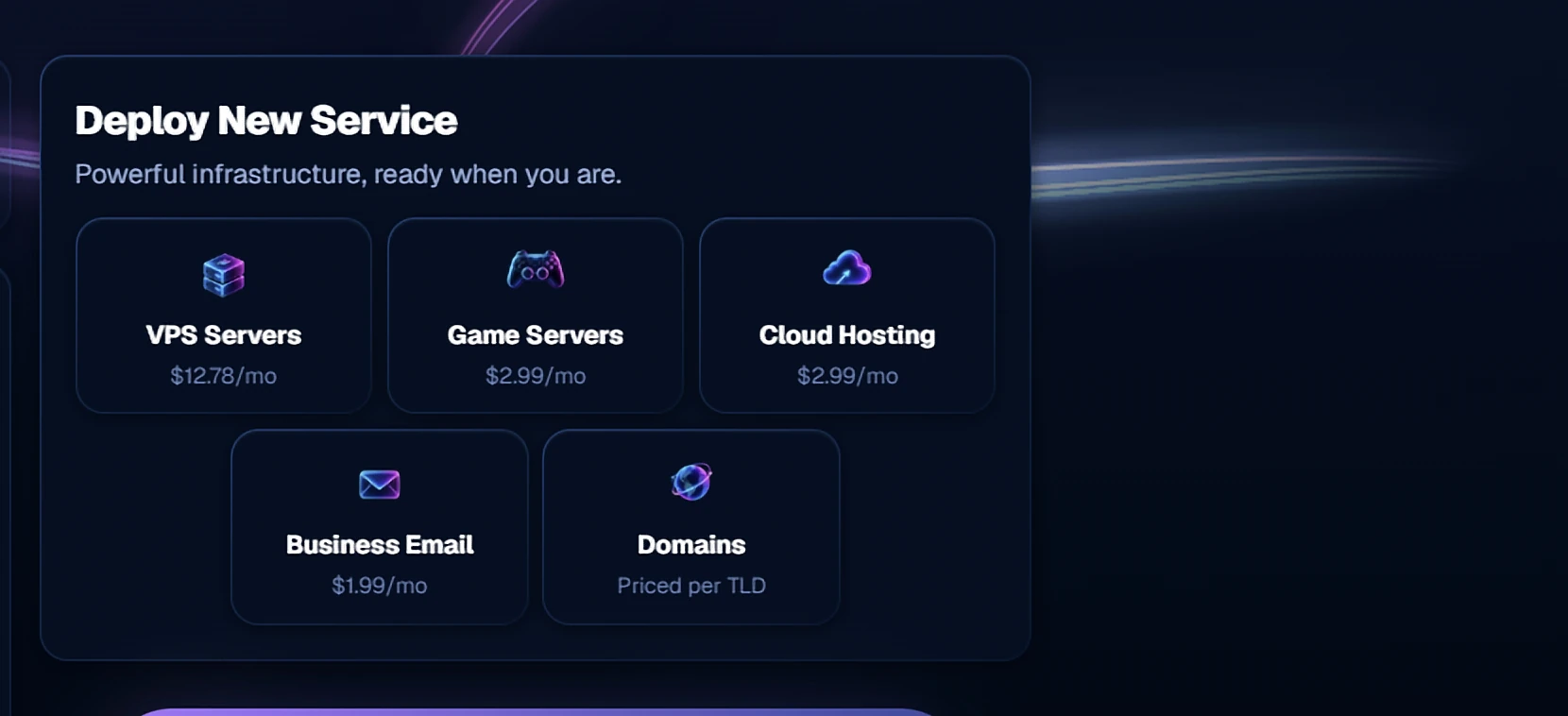 The Deploy New Service card: VPS servers, game servers, cloud hosting, business email and domains