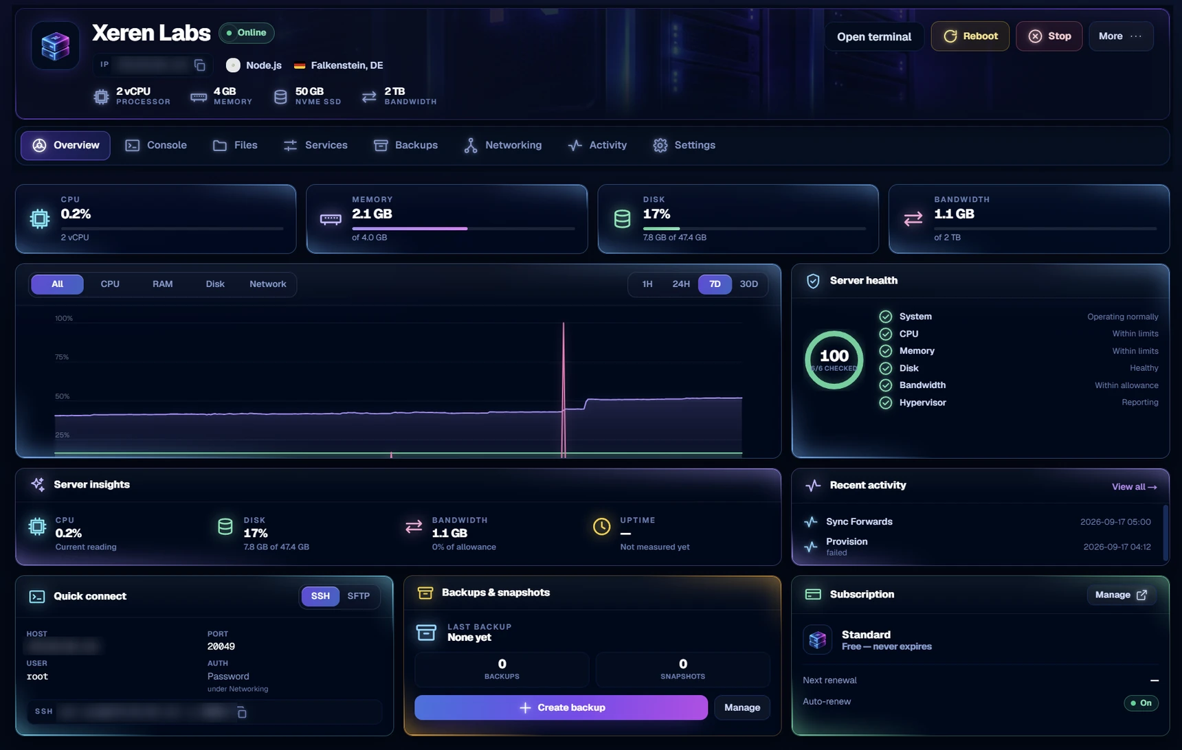 Server overview showing the new server online with live resource usage