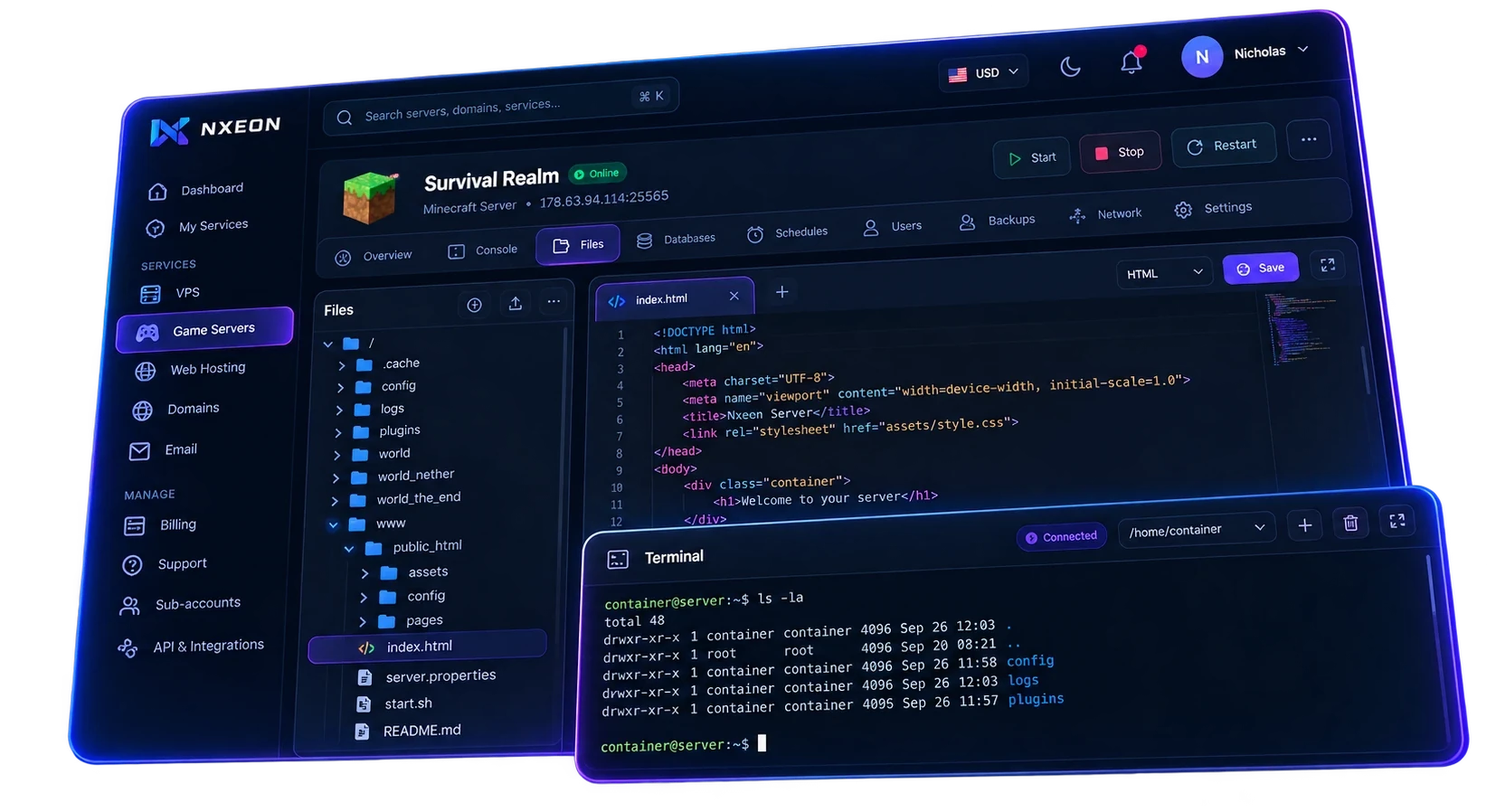 Game server file manager with a code editor and a live terminal in the browser