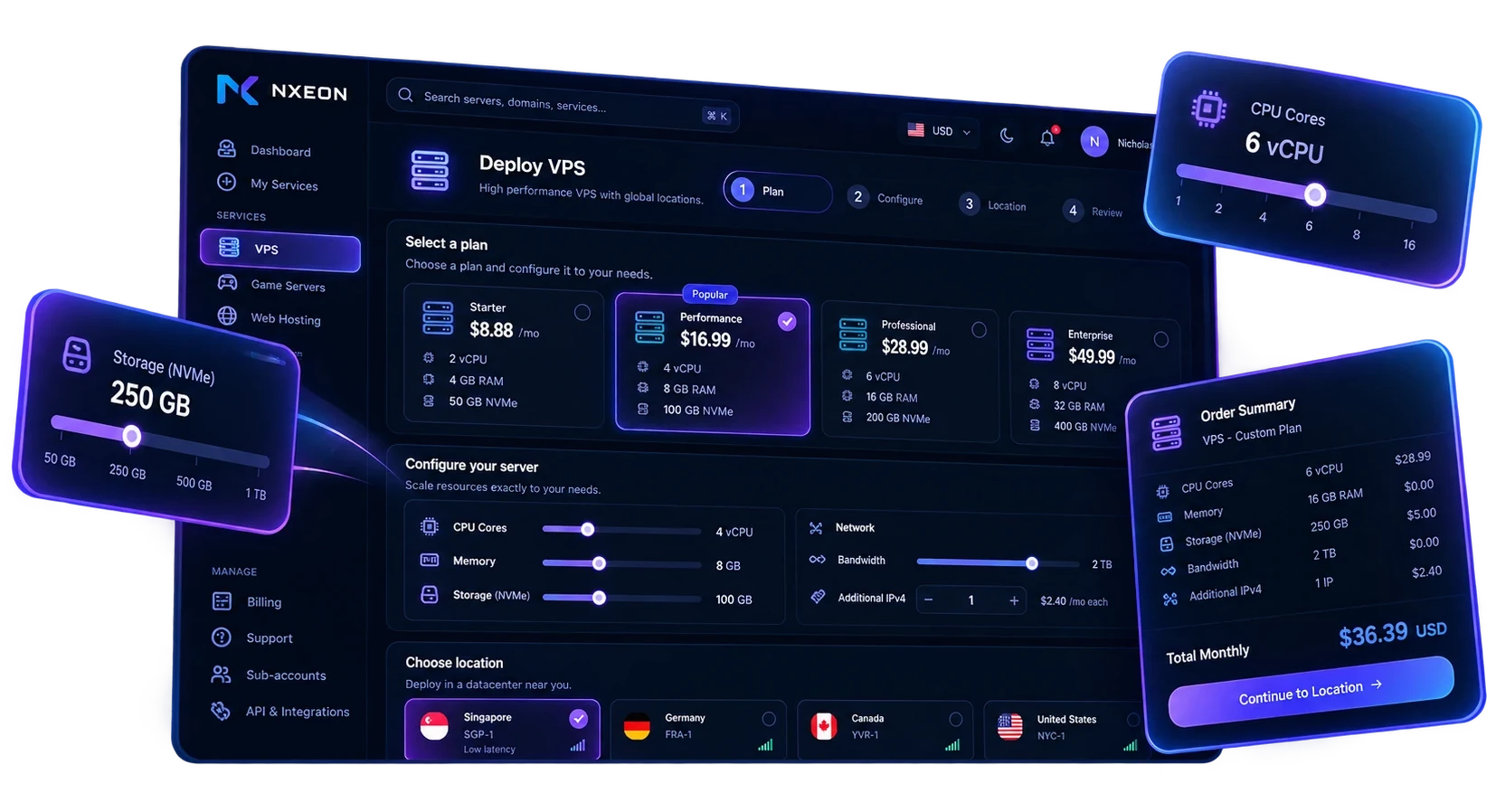Deploy and resize screen with plan cards, CPU, memory and storage sliders, locations and an order summary
